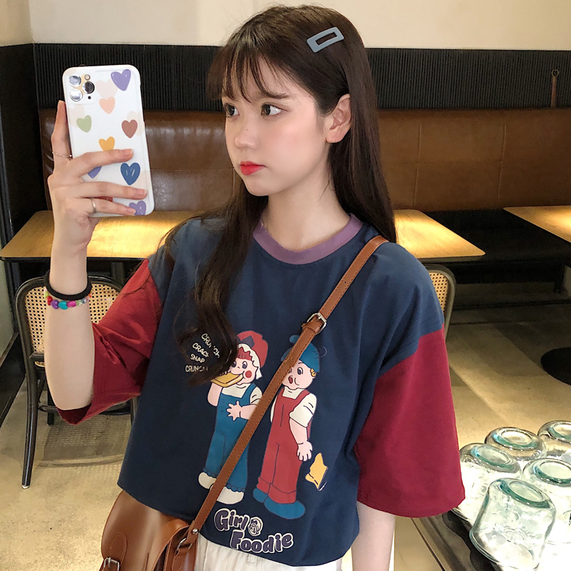 Real shot cotton short sleeved T-shirt women's loose Korean Harajuku BF style half sleeved top
