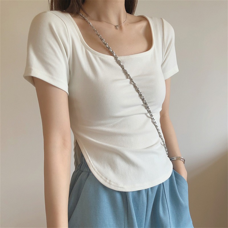 Real cotton 2022 new summer dress square neck short sleeve T-shirt women's slim design sense solid color top fashion
