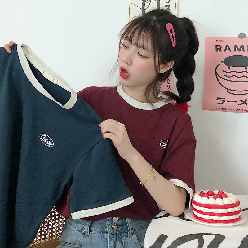 Real cotton fake two short sleeved t-shirt female loose ins student Harajuku style top