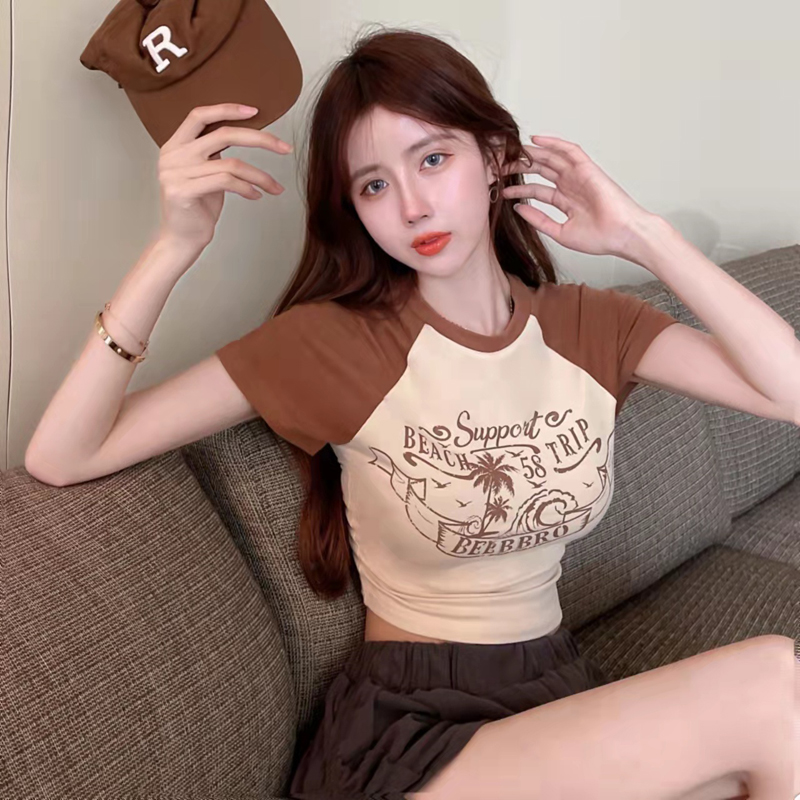 Real price American retro short Spice Girl T-shirt women's spring design sense of minority tight short sleeved top