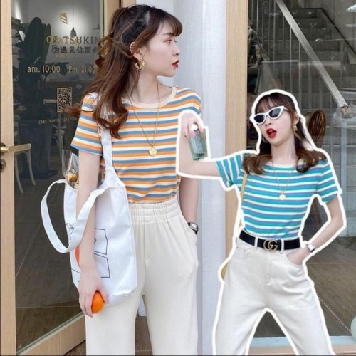Real shot 95 cotton 5 spandex new pure cotton Rainbow Stripe T-shirt women's short sleeved slim top ins Korean version
