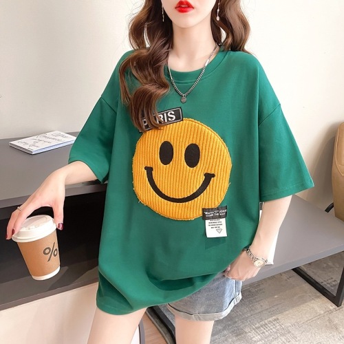 Summer new Korean fashion pure cotton round neck cartoon embroidery loose large women's short sleeved T-shirt