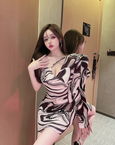 Real shot ~ one shoulder long sleeve half sleeve European and American fashion dress slim wrap hip sexy dress hollowed out woman