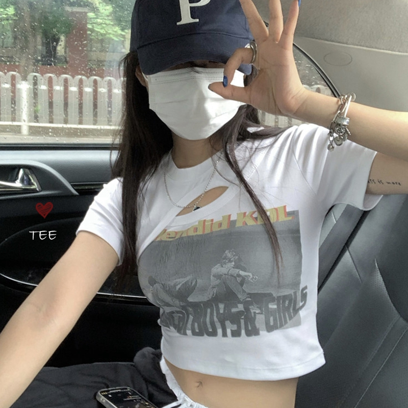 Korean fashion summer new American Spice Girl retro printing hollow out design round neck cotton T-shirt top