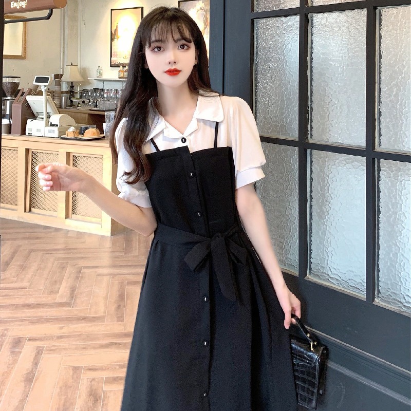 Official figure real price black and white stitching fake two-piece dress design sense Korean lace up waist shirt skirt children 2955