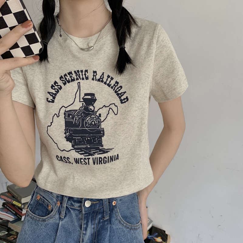 Real shooting and real price summer Korean version slim fit and versatile creative printed short sleeved T-Shirt Top