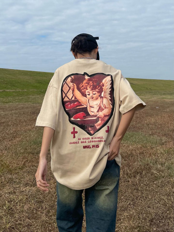 Cotton Guochao Angel printed short sleeved T-shirt fashion brand design sense of minority summer loose top fashion