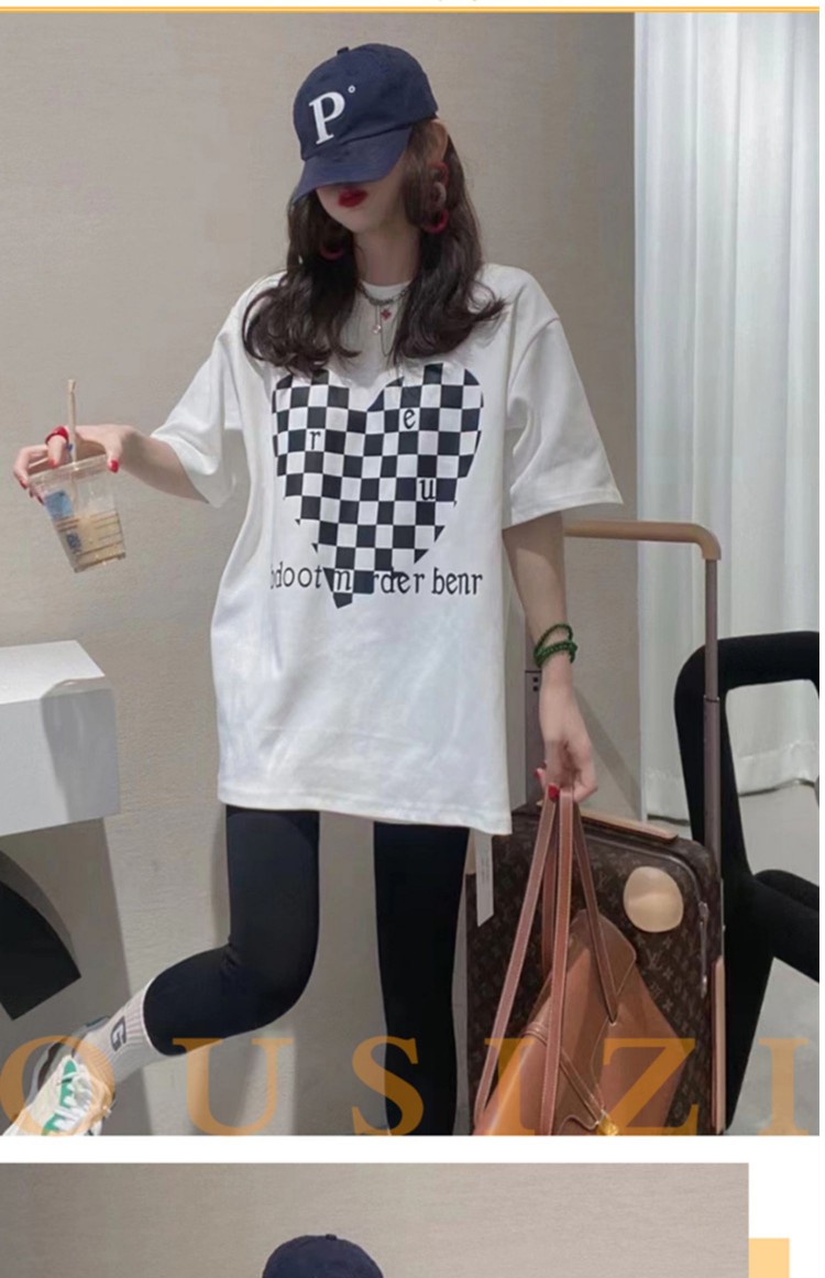 Korean fashion new loose checkerboard love printing loose large cotton short sleeved women's fashion