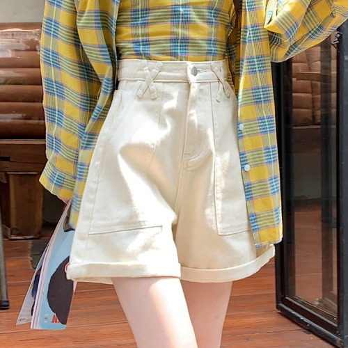 Non real shooting spring and summer Wide Leg Denim Shorts women's high waist loose apricot thin pants