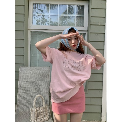 Pphome cream sweet apricot ~ summer college lovely pink letter printing loose and versatile round neck short sleeve T-shirt