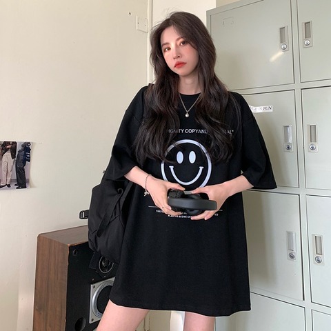 Pure cotton Korean version new loose medium and long lovers letter printed lower garment missing short sleeved t-shirt female