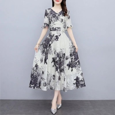 Ink painting dress women's summer thin style Chinese style slim fit waist V-neck fashion floral skirt gas long skirt Xia a