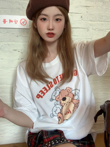 Real shot Korean version pure desire style college style cartoon bear print loose and versatile short sleeved t-shirt female