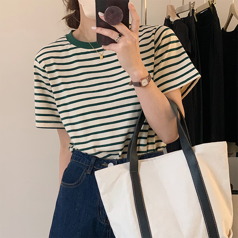 Real shot Vintage Green Striped short sleeve T-shirt women's loose thin pure cotton versatile round neck bottomed shirt summer top