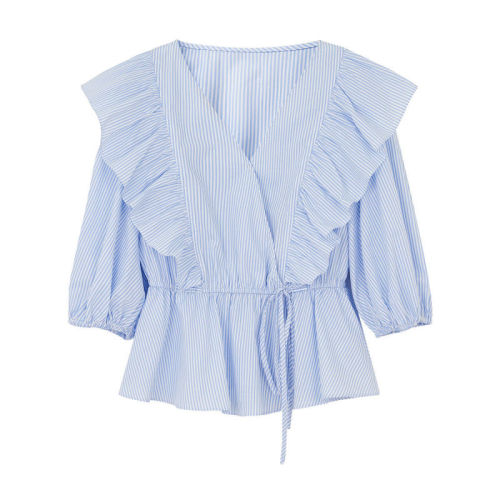 French Ruffle Top Women's spring and summer short style sweet little shirt V-neck waist closing thin bubble sleeve shirt