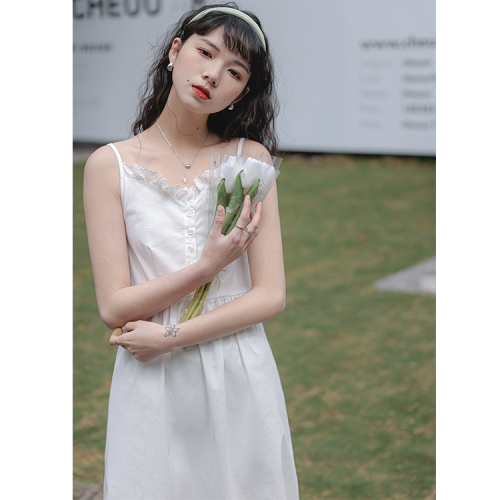 Real shot  lace suspender dress female Xia Chaoxian gentle wind long college white skirt first love skirt
