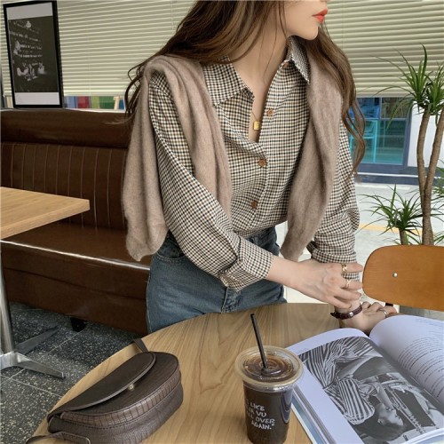 French Plaid polo collar long sleeved shirt women's spring dress  new Korean loose and thin versatile top fashion