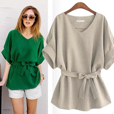 European and American women's V-neck linen short sleeve shirt bat sleeve large loose waist cotton linen top