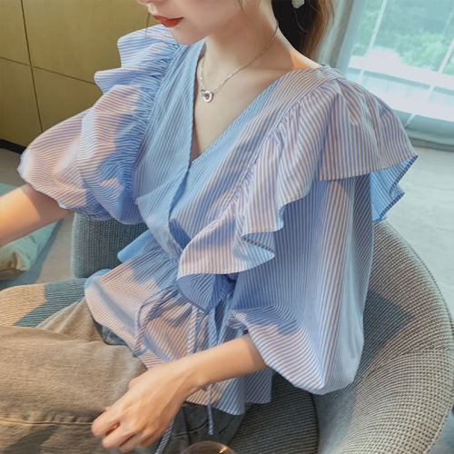 French Ruffle Top Women's spring and summer short style sweet little shirt V-neck waist closing thin bubble sleeve shirt