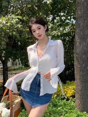 Real price retro Western Style Lace suspender sunscreen pleated shirt high waist irregular denim skirt