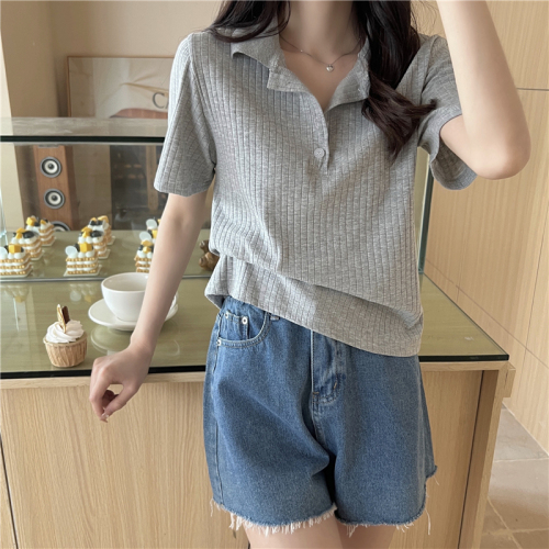 Real Price vintage polo collar T-shirt short sleeve T-shirt solid color top