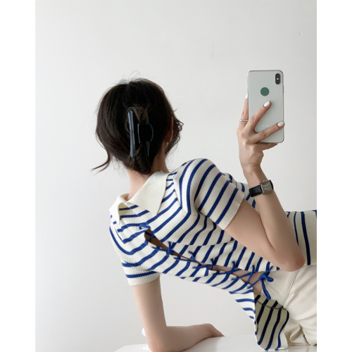 ICTs sea breeze blue stripe bandage backless small design sweater thin fried Street V-neck shirt