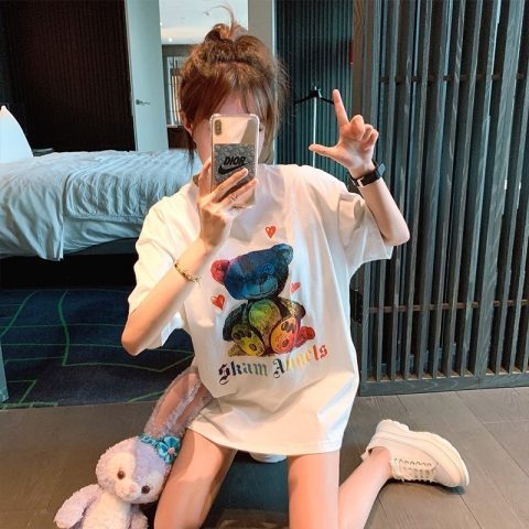 2022 new color bear short sleeve T-shirt women's fashion brand ins summer loose and versatile cartoon couple top