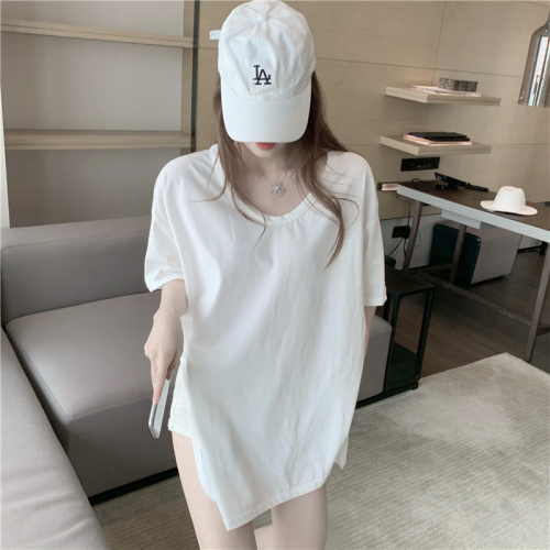 Real shot 100 cotton summer new pure color loose large collar buckle design sense of minority split U-neck Short Sleeve T