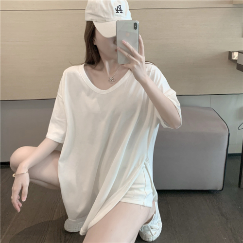 Real shot 100 cotton summer new pure color loose large collar buckle design sense of minority split U-neck Short Sleeve T