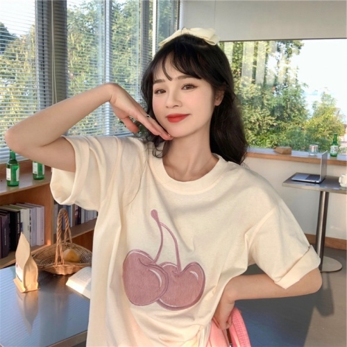 Towel embroidered cherry short sleeve T-shirt women's summer 2022 new loose Korean ins net red clothes