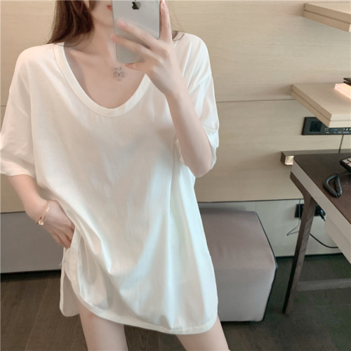 Real shot 100 cotton summer new pure color loose large collar buckle design sense of minority split U-neck Short Sleeve T