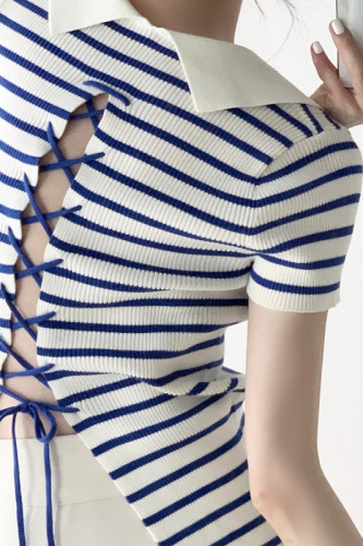 ICTs sea breeze blue stripe bandage backless small design sweater thin fried Street V-neck shirt