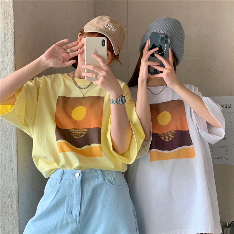 Real shooting Korean medium and long T-shirt women's loose yellow half sleeve Korean summer round neck top