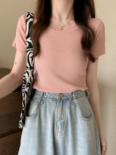 Ice silk knitted short sleeved T-shirt women's  new ins fashion slim fit and versatile bottoming shirt round neck short upper garment