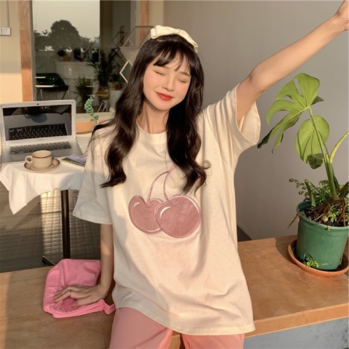 Towel embroidered cherry short sleeve T-shirt women's summer 2022 new loose Korean ins net red clothes