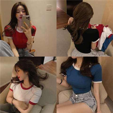 Solid Korean Short Sleeve T-Shirt women's slim fit solid women's top