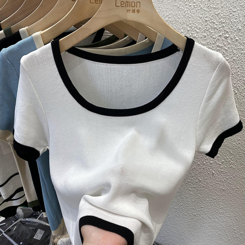 Short sleeved women in early spring with white ice silk T-shirt, new slim, slim, high waist, short bottomed top