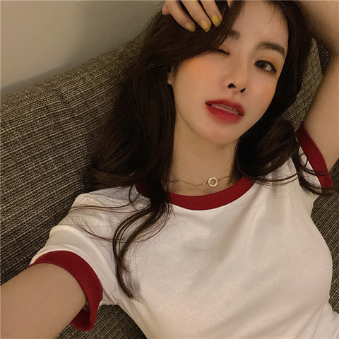Solid Korean Short Sleeve T-Shirt women's slim fit solid women's top