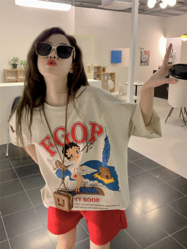 American retro cartoon printed short sleeved T-shirt summer niche oversize lower body missing loose top women's fashion