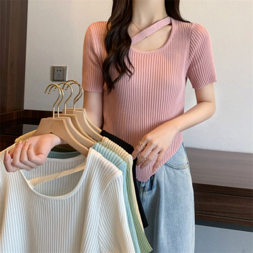  new Korean design sense pure desire irregular and versatile pit strip high Knitted Top Women