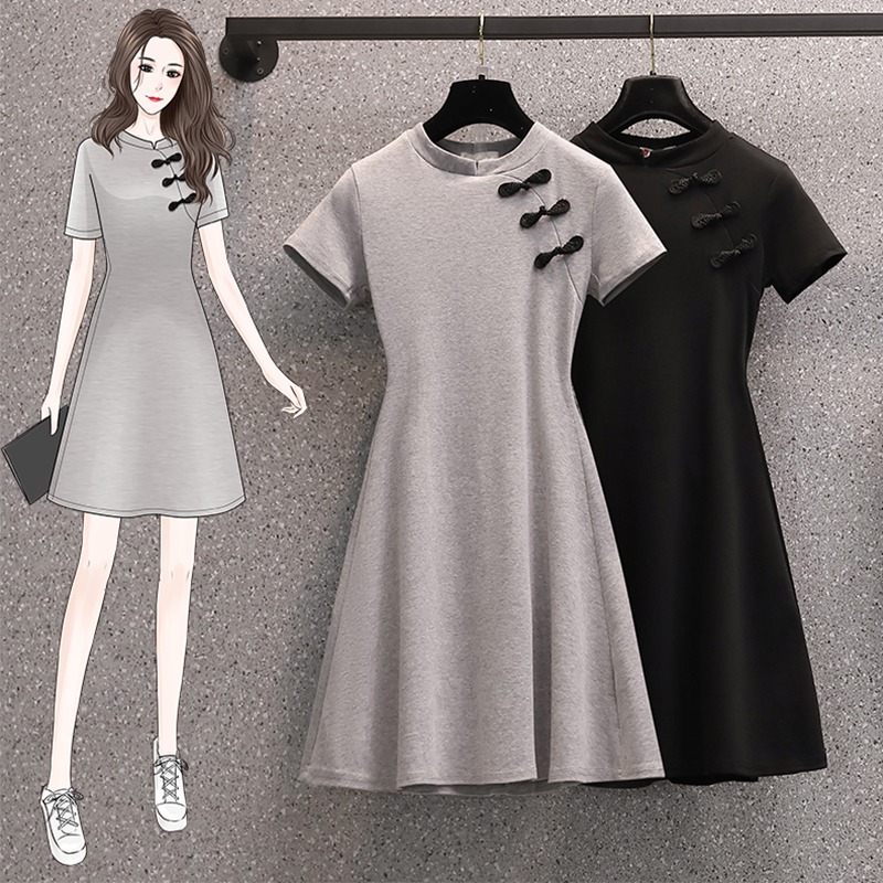 Summer improved cheongsam dress women's solid color short sleeved skirt versatile word skirt