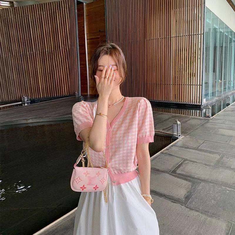 Dahuayuan pink sweater sweet short sleeved women's summer 2022 new clothes coat cardigan small fragrance