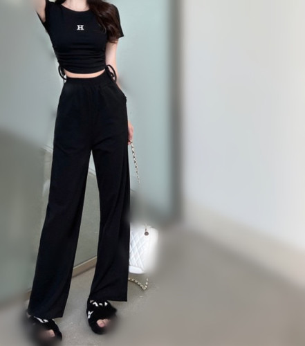 Casual short hot girl small man top net red fried Street suit women's summer straight tube wide leg pants two-piece set