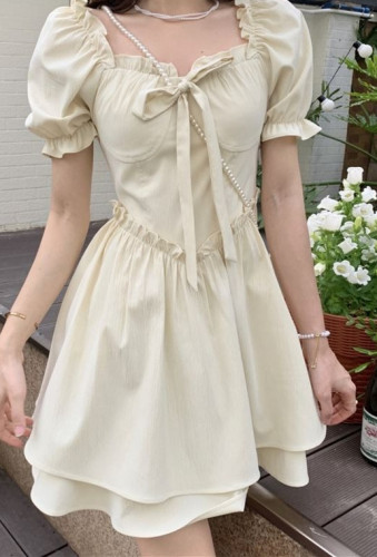 Square neck bubble sleeve dress women's summer 2022 new French gentle style design sense of niche skirt