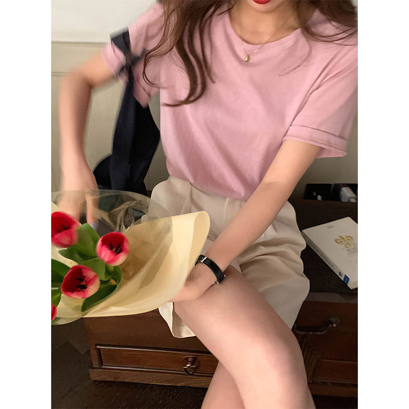 Real shot cotton linen solid color short sleeve T-shirt women 2022 new loose thin round neck top summer student