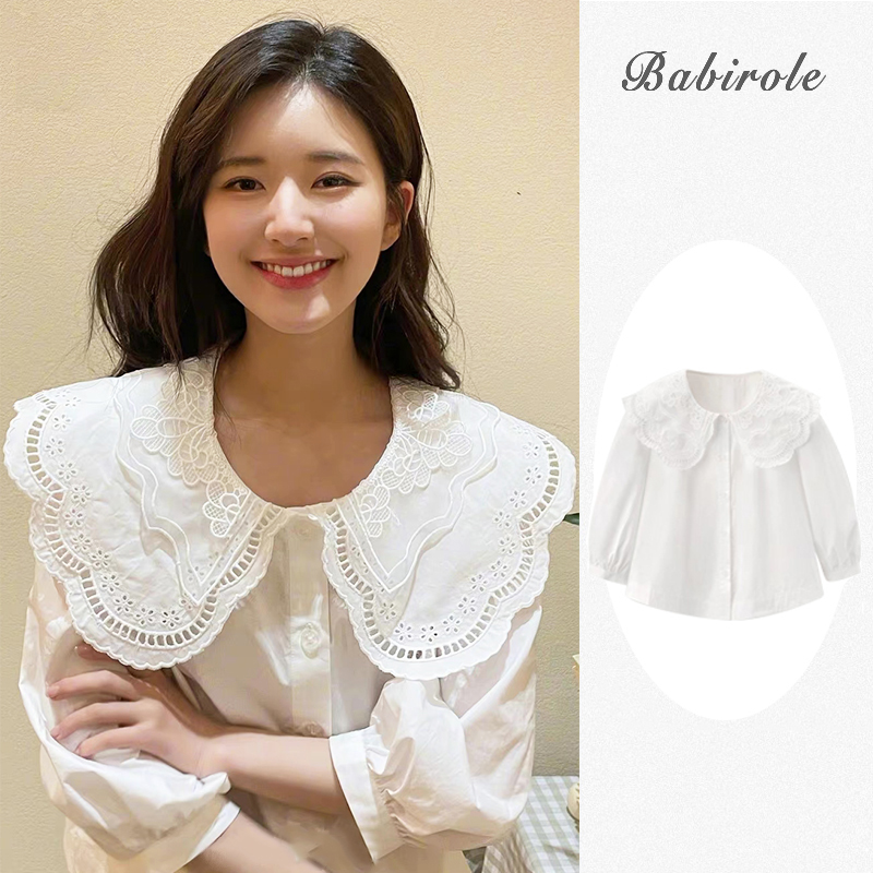 Zhao Ruth's same top 2021 new French style loose lace doll neck long sleeved white blouse