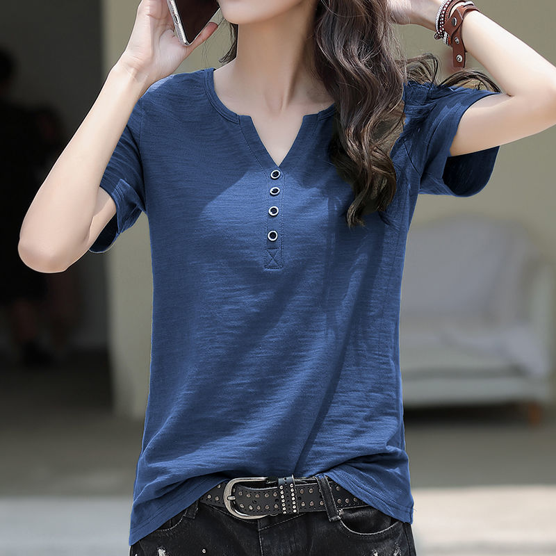 100% slub cotton V-neck button short sleeve women's loose large cotton top