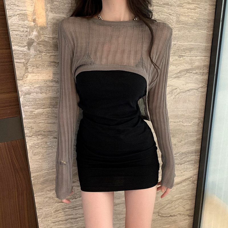 Hollowed out knitwear autumn short long sleeve sunscreen top Pullover solid color versatile Korean small fragrance T-shirt women's wear