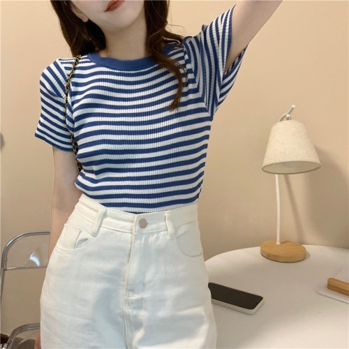 Ice silk short sleeve T-shirt women's summer  new high waist thin striped slim fit short knit top