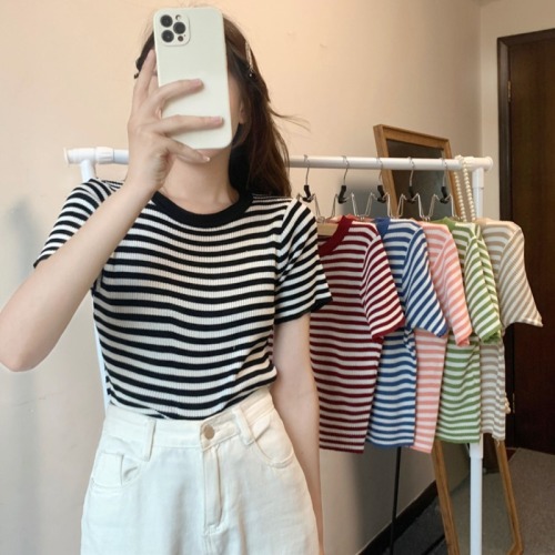 Ice silk short sleeve T-shirt women's summer  new high waist thin striped slim fit short knit top